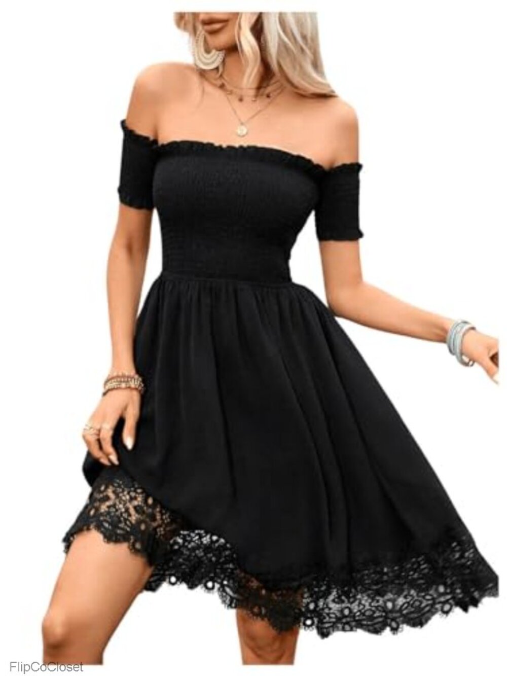 Off Shoulder Short Sleeve Lace Trim A Line Dress Cowgirl Western